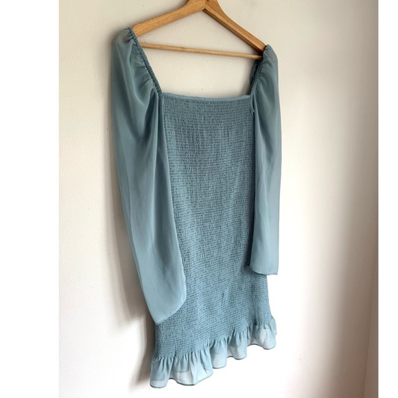 NWT Wilfred Aritzia Ballad Smocked Long Sheer Sleeve Dress in Blue - Picture 7 of 10